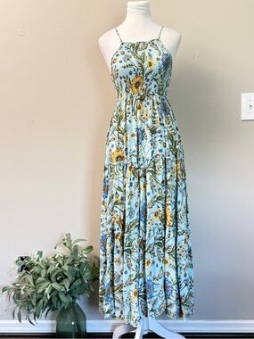 Abel the Label Blue Floral Smocked Maxi Sun Dress XS